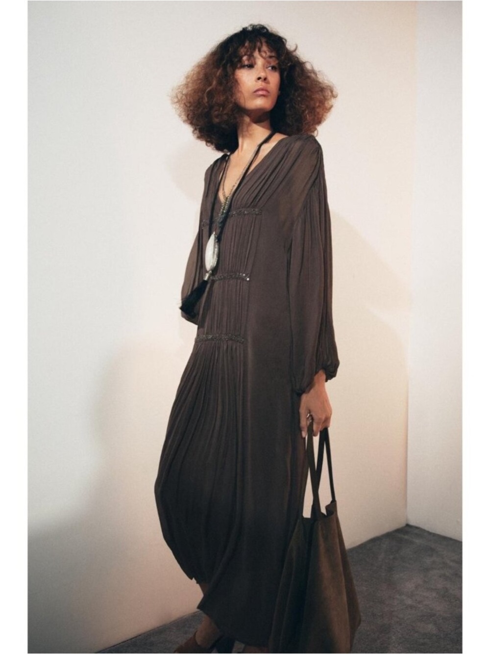NWT Zara boho rushed and beaded Bohemian Long Sleeve Brown Maxi Dress